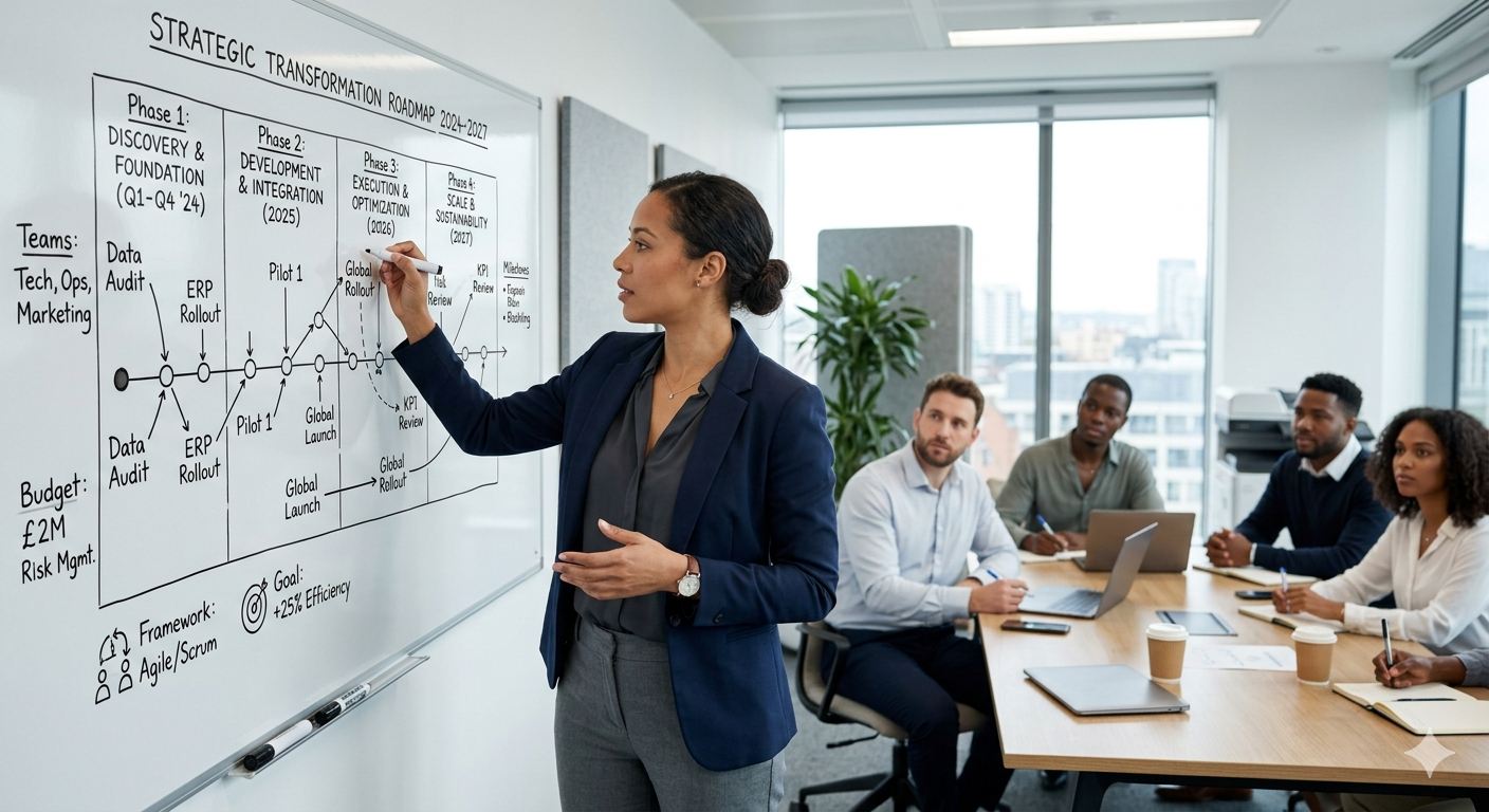 Consultant at a whiteboard sketching a compliance roadmap