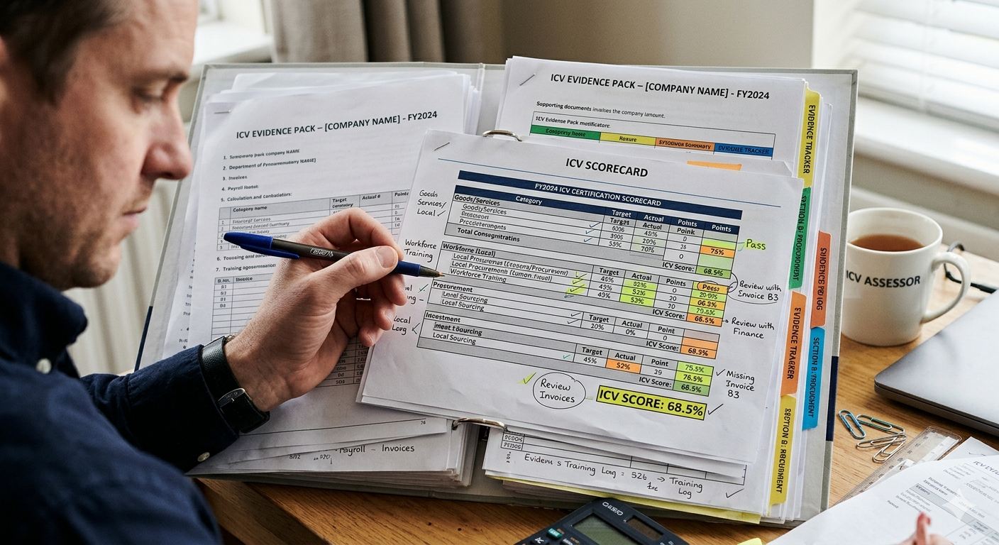 Consultant marking up an ICV scorecard alongside spend-mapping evidence