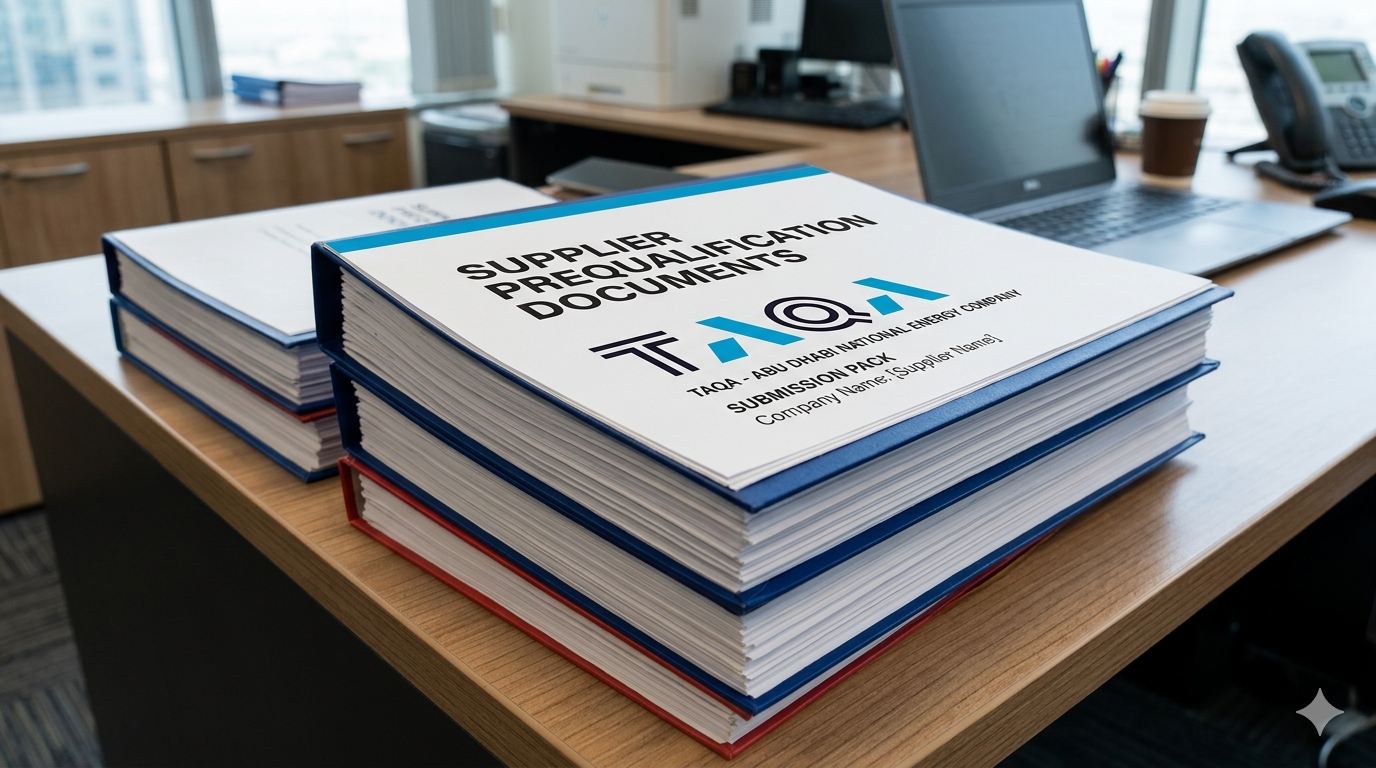 TAQA prequalification submission pack open on a desk