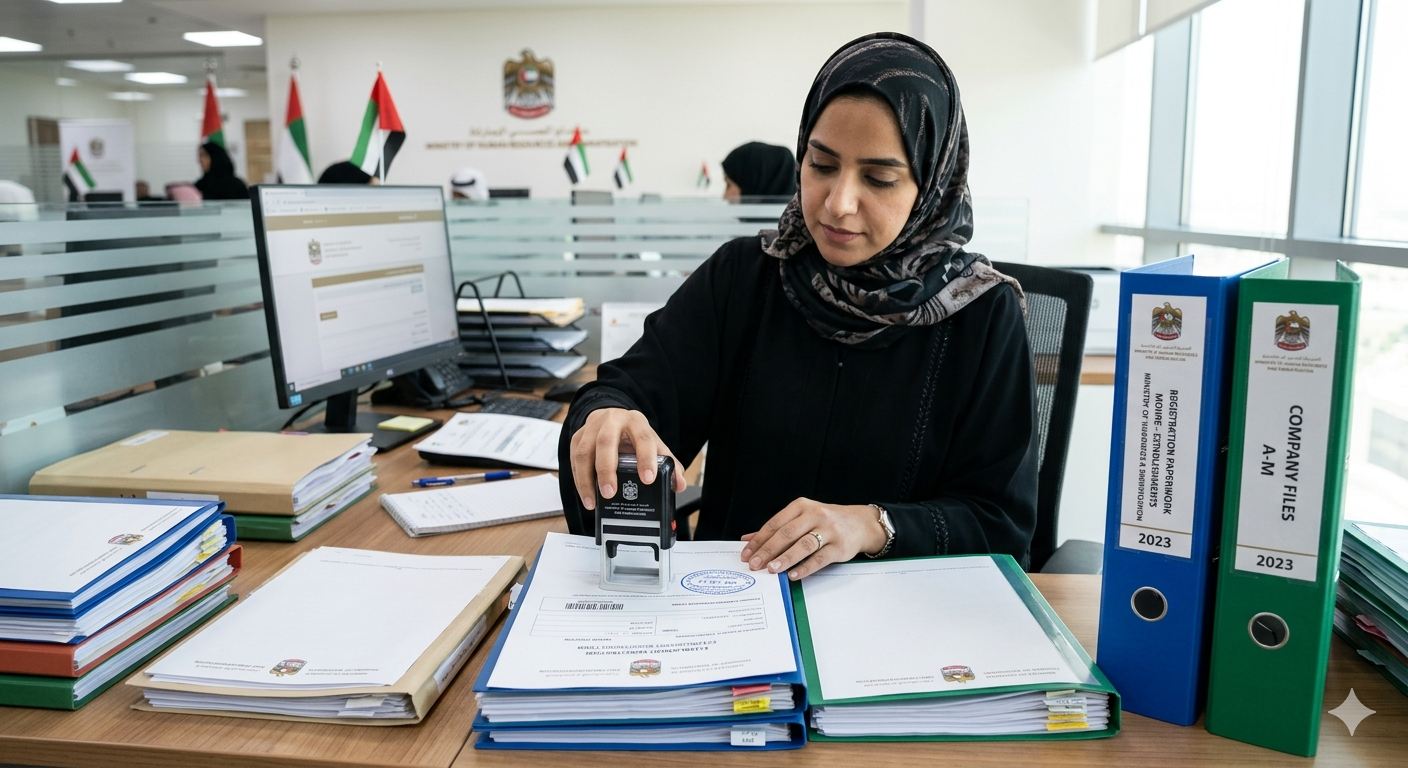 UAE ministry registration documents being organised and stamped