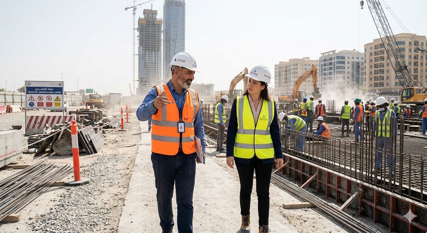 Consultant walking an active UAE construction site with a client
