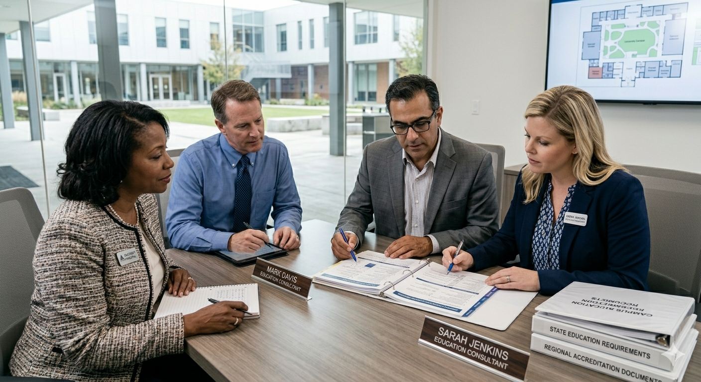Consultant and school administrator reviewing accreditation paperwork at a UAE campus