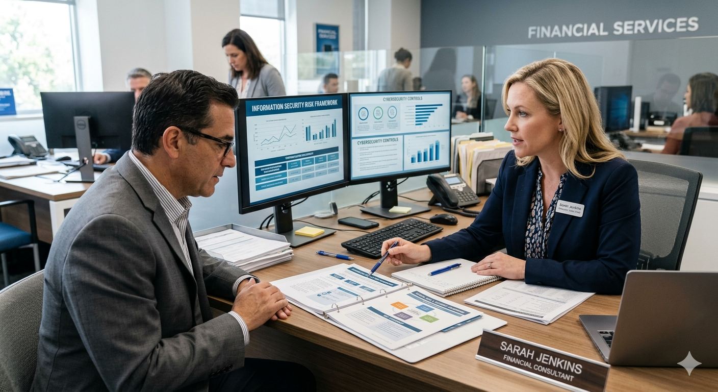 Consultant and client reviewing a risk and information-security framework at a UAE financial-services desk