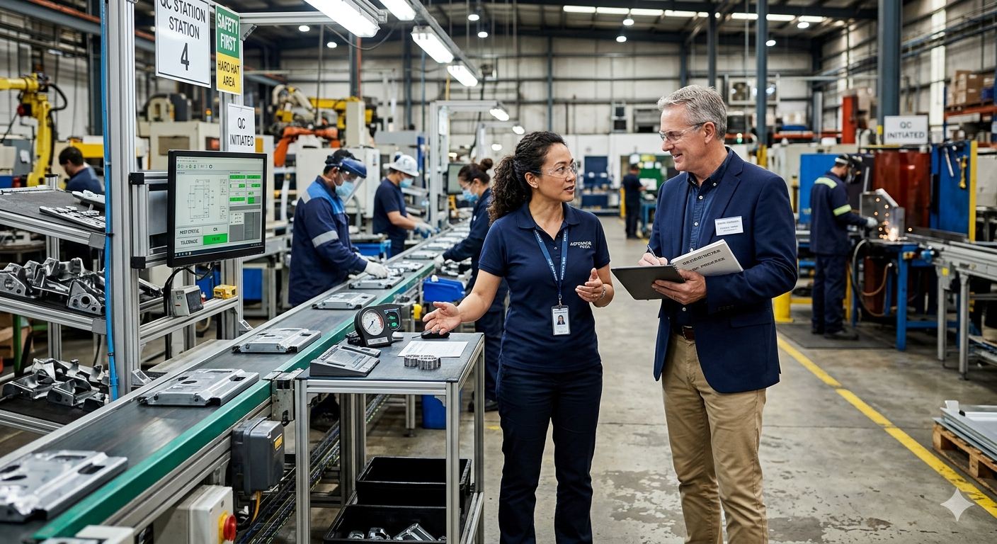 Consultant and client reviewing a production line at a UAE factory