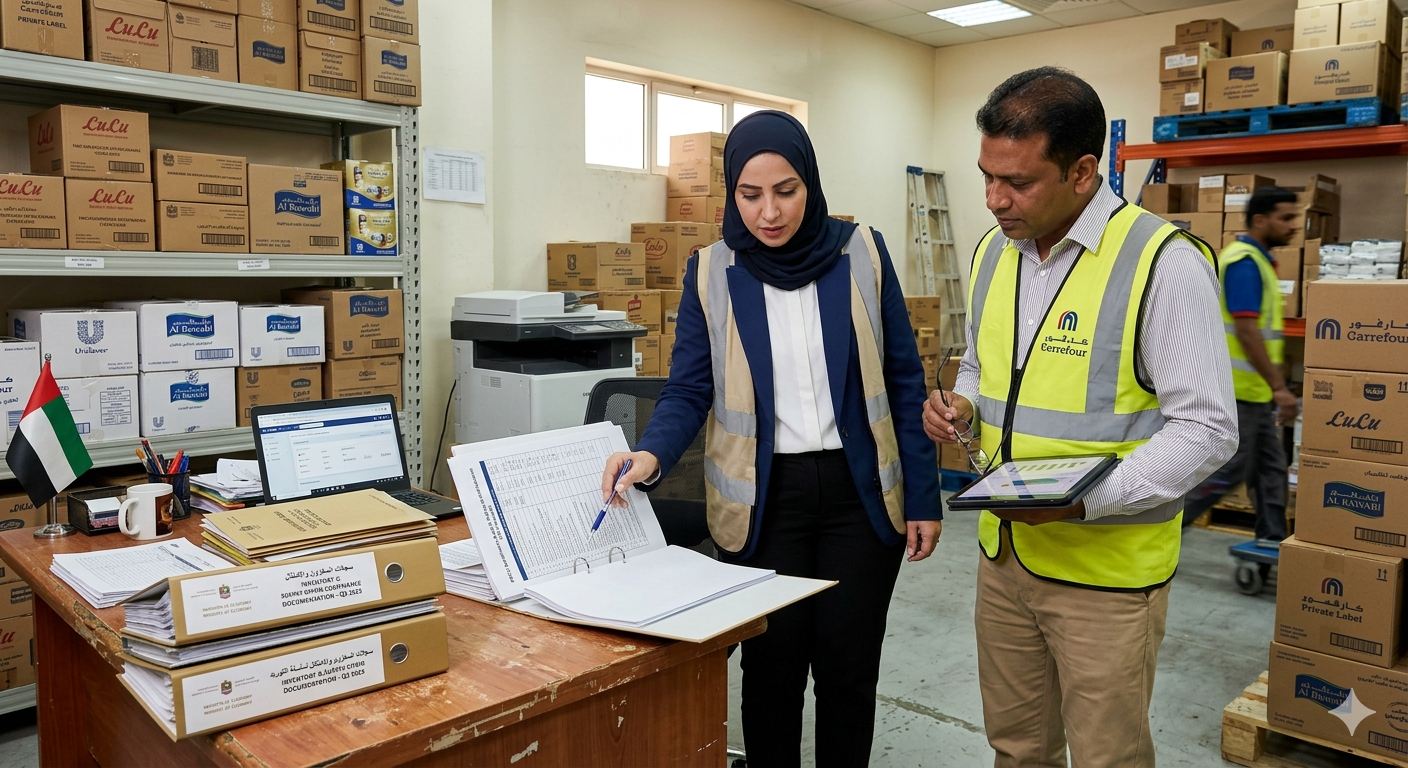 Consultant and client reviewing supply-chain compliance in a UAE retail back-office