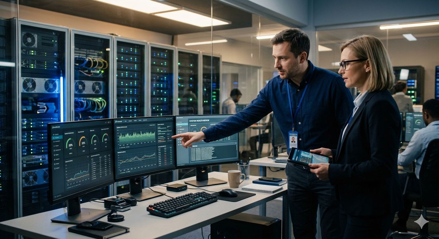 Consultant and client at a UAE tech operations or server-room review