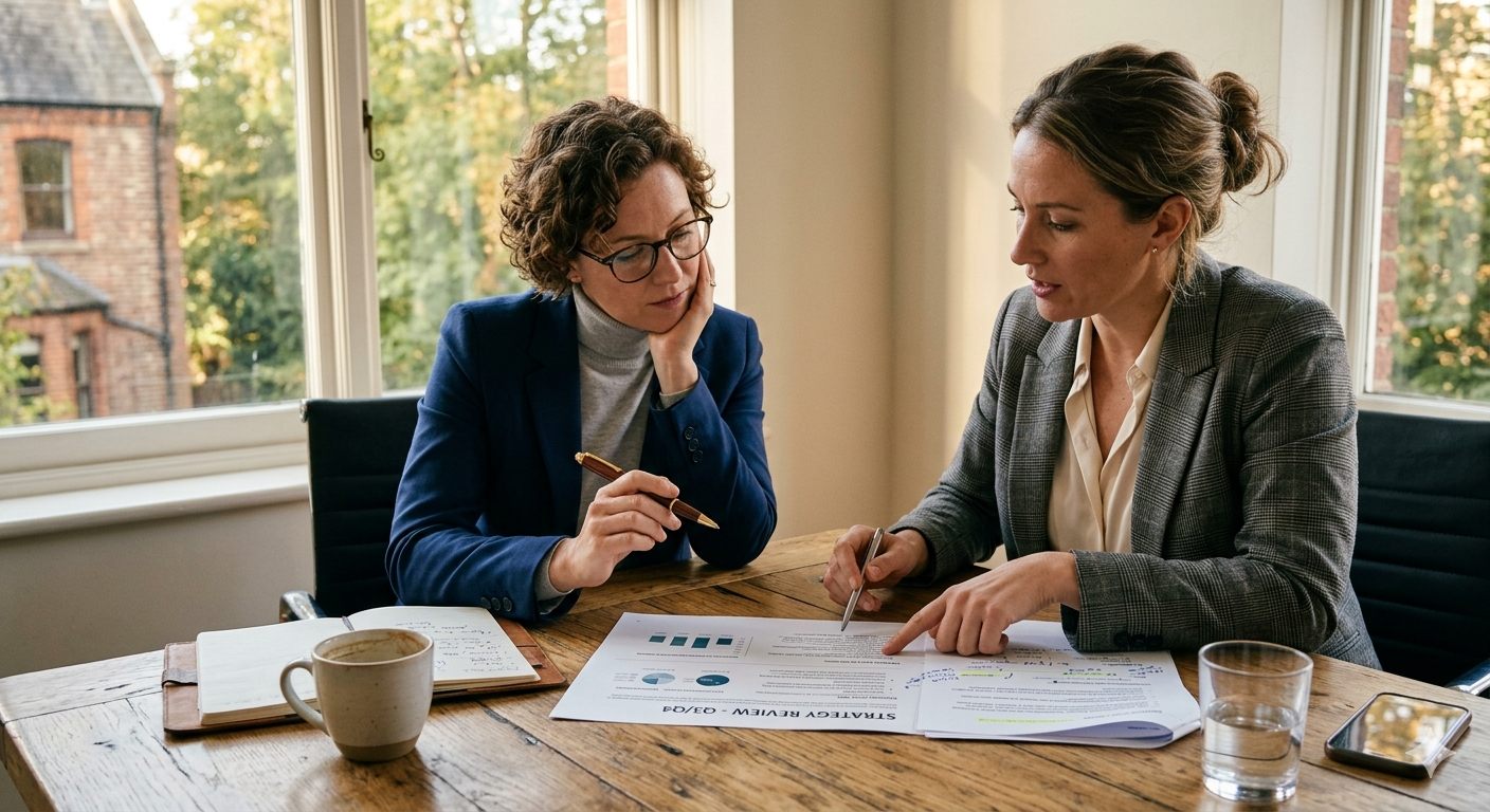 Two Core Care consultants reviewing engagement scope at a desk